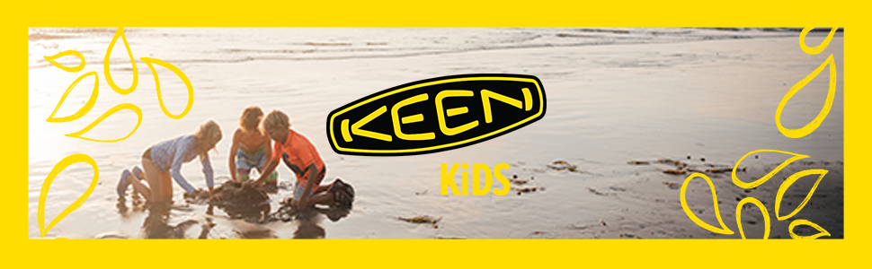 Three kids play in the sand on an beach at sunset. KEEN Kids logo.